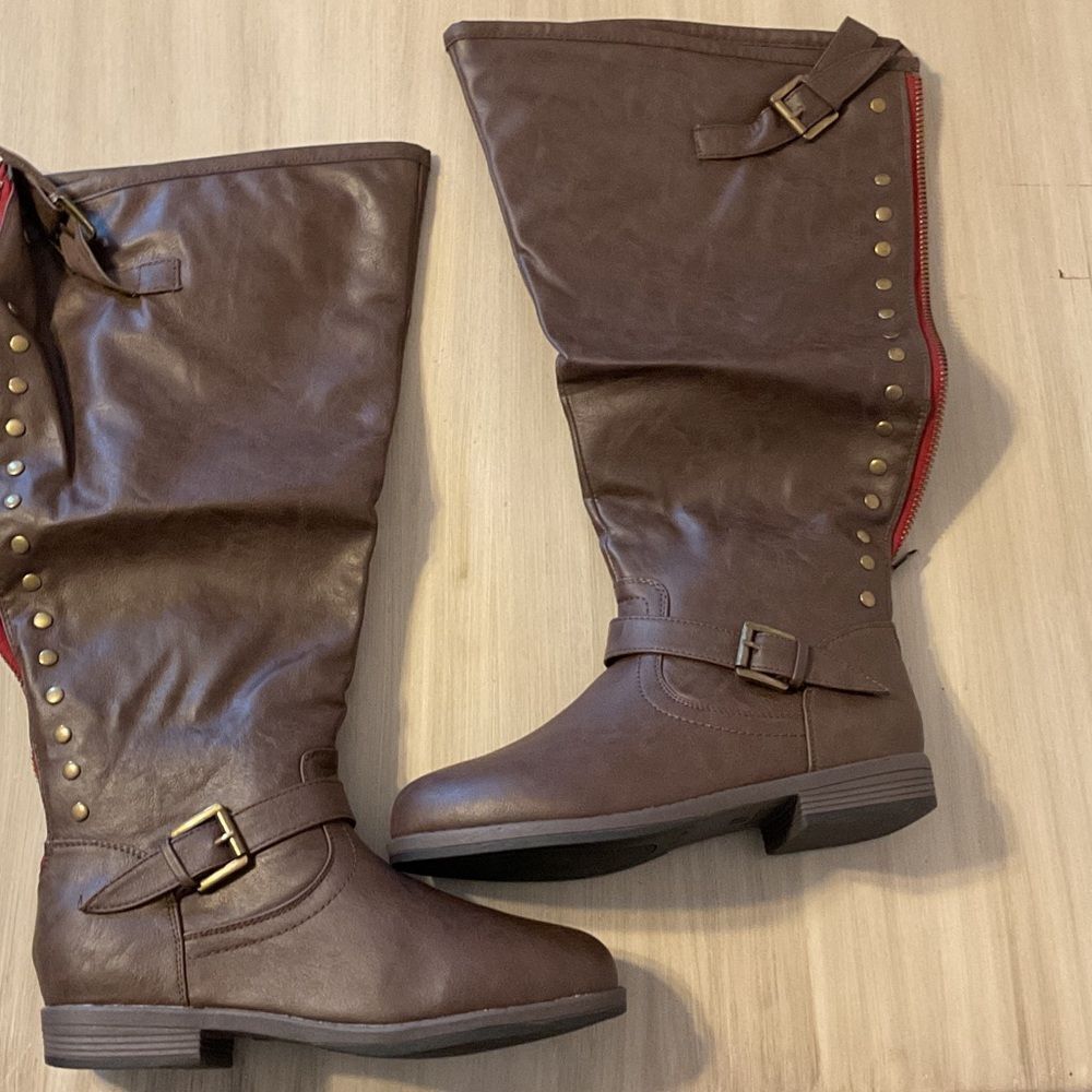 Journee Collection Brown Over the Knee Boots with Buckle and Studs